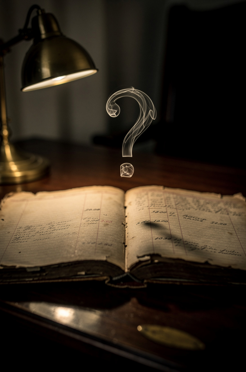 Открытая бухгалтерская книга с намёками на кредитную историю, окутанная дымкой в форме вопросительного знака, на тёмном столе.